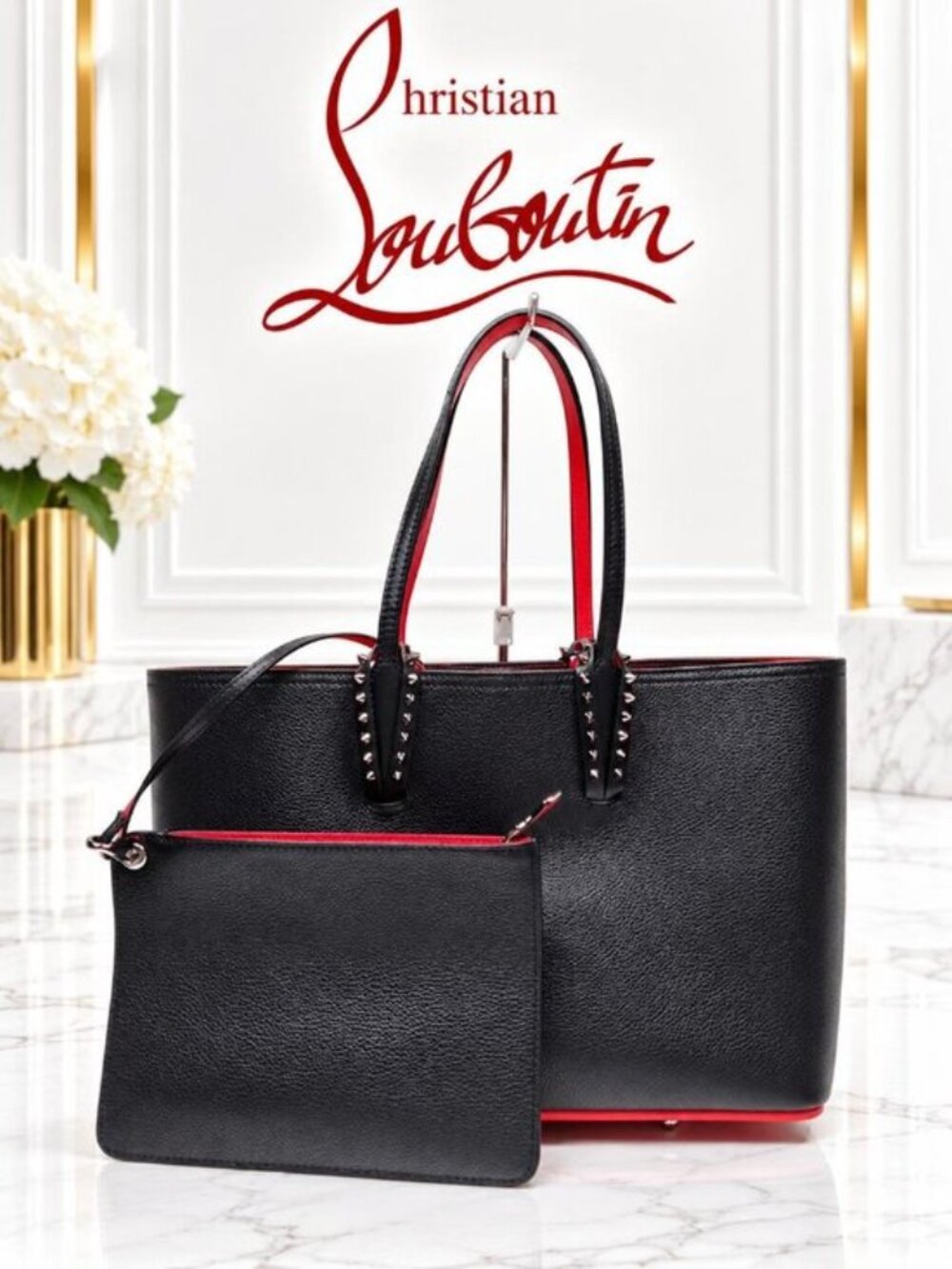 Authentic Christian Louboutin Cabata Leather Sole Studded Shopper Tote Bag